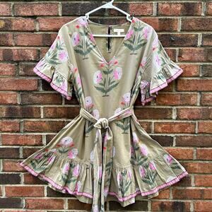 Pink Chicken Floral Tent Mini Dress Ruffle Embellishment Sash Belt Tie Lined XS
